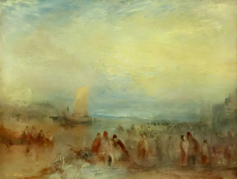 A depiction of Margate Harbour with fishing boats and a dramatic sky.