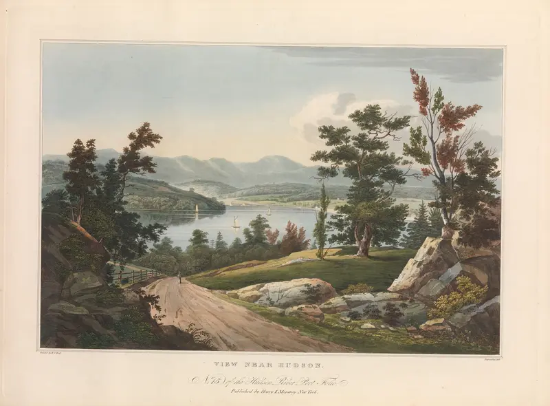 View Near Hudson by John Hill, depicting a serene landscape with hills and a river, oil painting