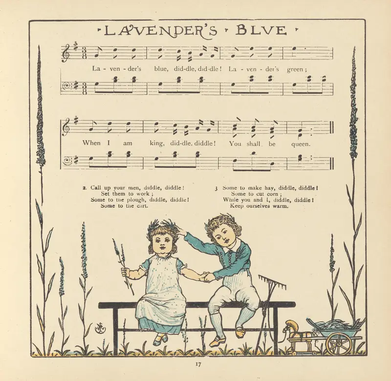 A charming illustration by Walter Crane featuring whimsical figures and vibrant colors.