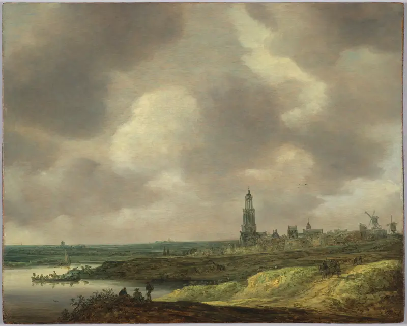 Landscape with river and sunset, oil on panel by Jan van Goyen