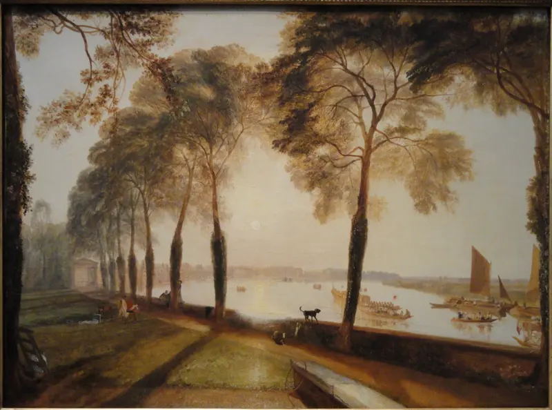Mortlake Terrace by Joseph Mallord William Turner, oil painting of a river with soft light and reflections.