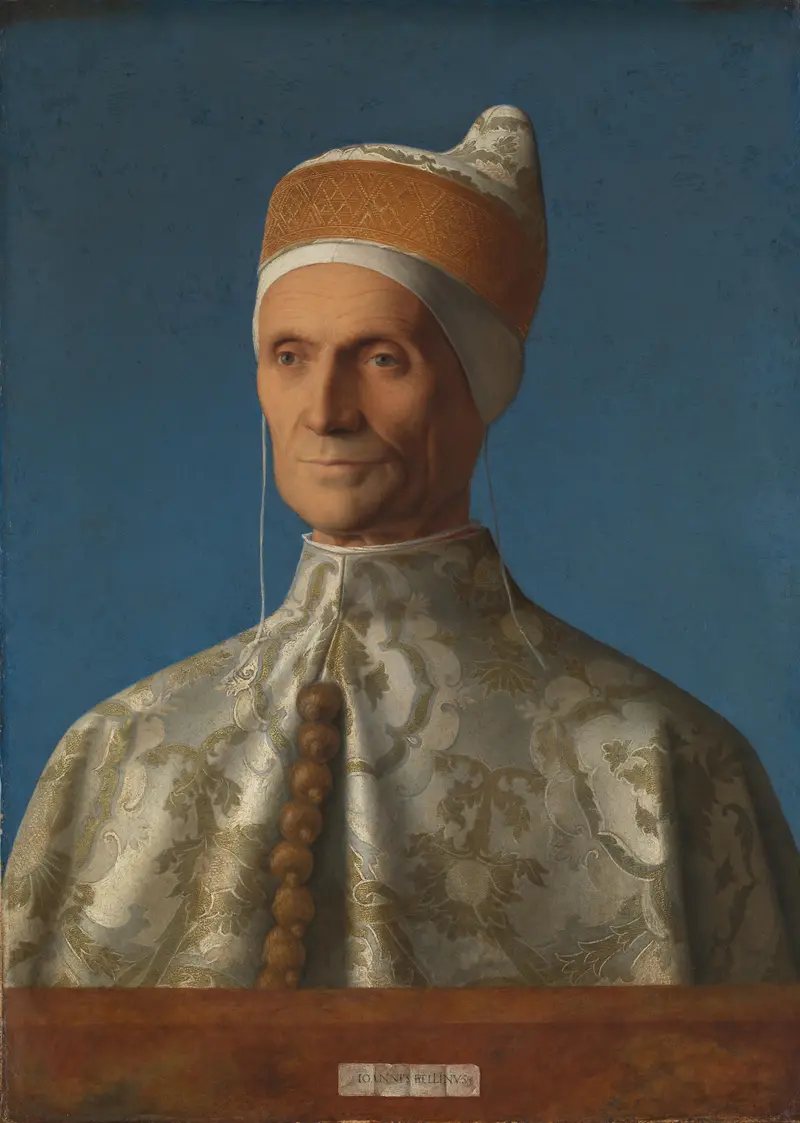 Portrait of Doge Leonardo Loredan by Giovanni Bellini, showcasing the Doge in ceremonial robes against a blue background.