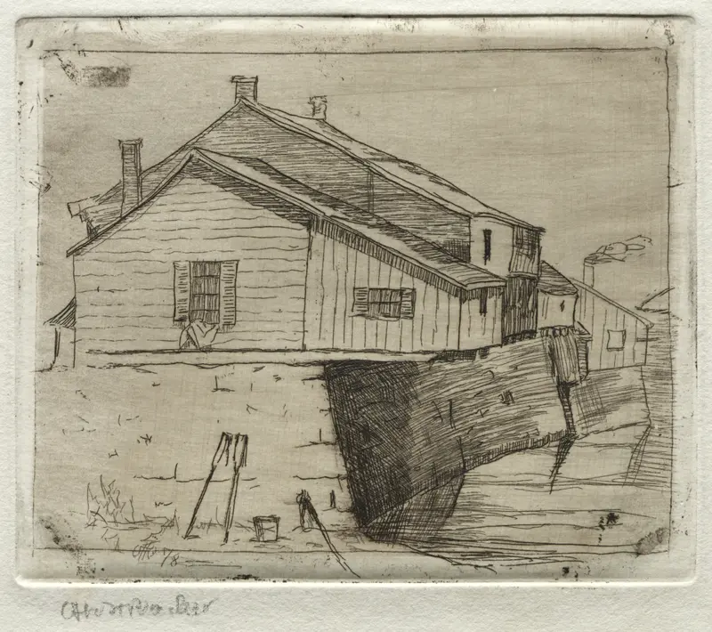 Cottages, Cleveland by Otto Henry Bacher, realism, depicting rural cottages and rolling hills.
