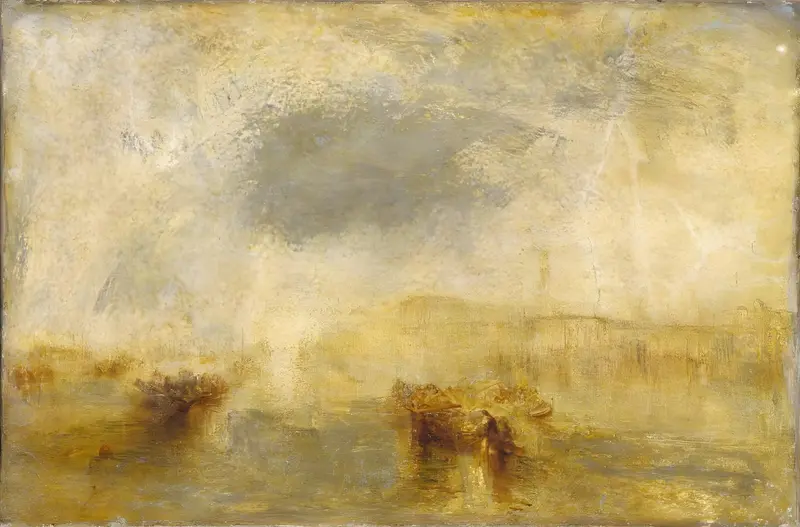 A near-abstract depiction of Venice bathed in midday light, with blurred forms of gondolas and buildings.