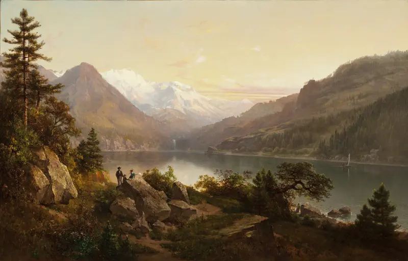 Emerald Bay, Lake Tahoe by Thomas Hill, oil painting depicting a serene lake and rugged cliffs.