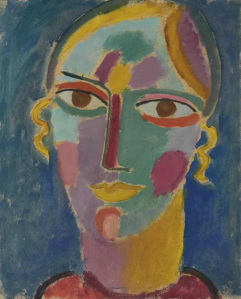 A stylized portrait of a woman's face with a vibrant color palette against a blue background.