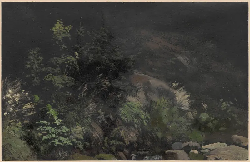 Plants on Rocks by Adolf Dressler, oil on canvas depicting vibrant plants on rugged stones.