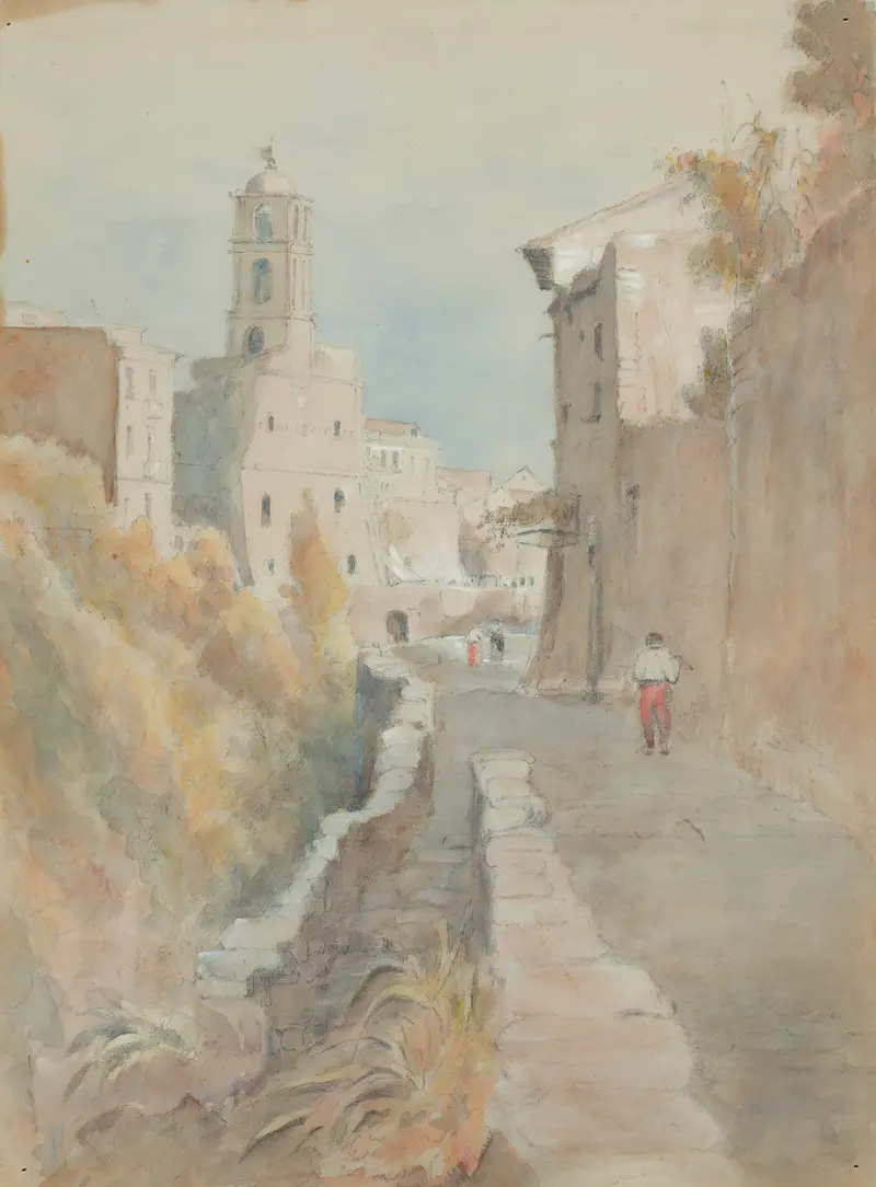 Genre scene depicting a Spanish street with figures and terracotta buildings by Frances Hodgkins, oil painting.