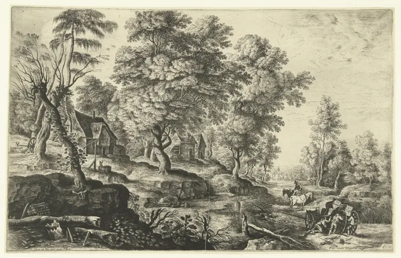 Landschap met mannen die uitgespannen wagen duwen etching by Lucas van Uden showing laborers pushing a cart.