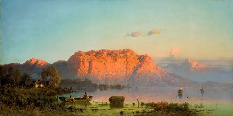 A sunset over a lake with mountains, featuring two figures by a boat and a gentle reflection in the water.