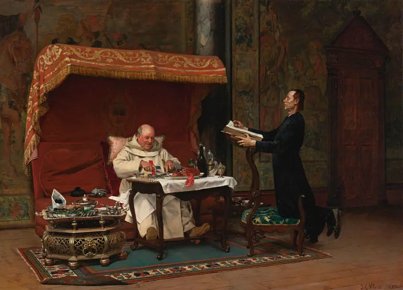 A lively dinner scene featuring a canon and guests, showcasing 19th-century social life.