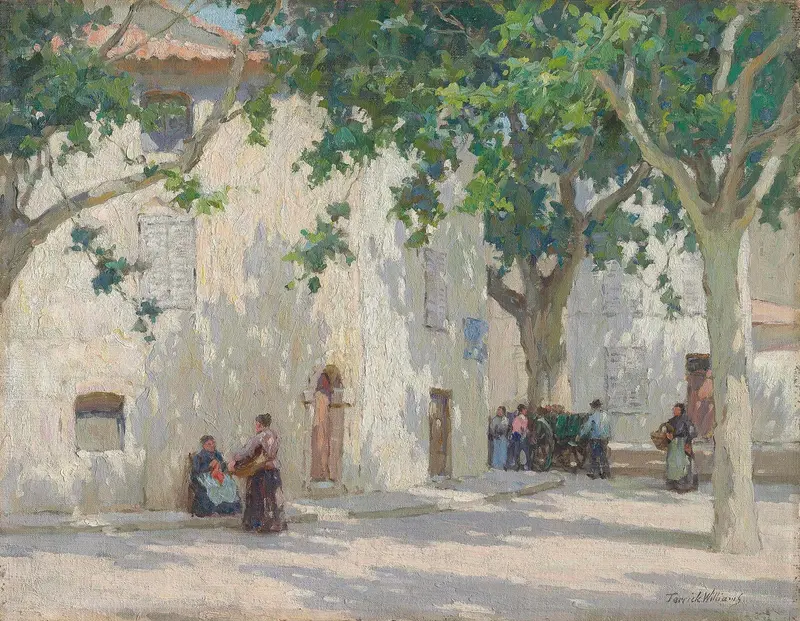 Oil painting by Terrick Williams depicting sunlit streets and buildings in Cassis