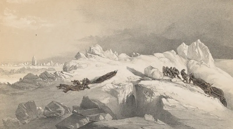 oil painting by Walter William May depicting sledges navigating icy hummocks
