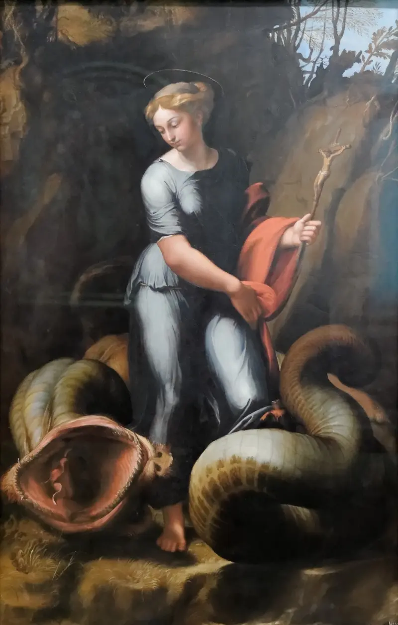 Saint Margaret stands triumphantly over the dragon, symbolizing faith's victory.