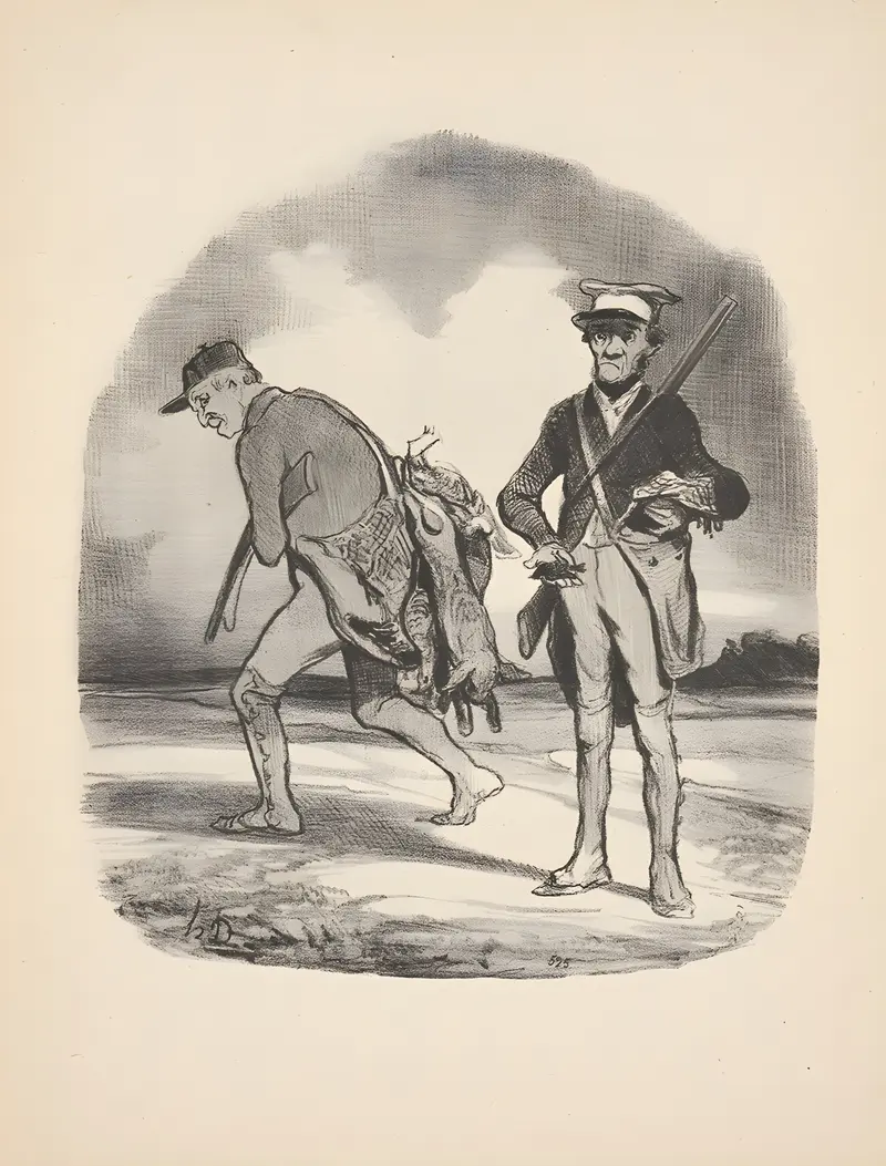 A depiction of hunting and fishing activities by Honoré Daumier.