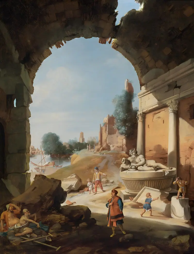 Figures Among Ruins By The Tiber, oil on canvas by Bartholomeus Breenbergh