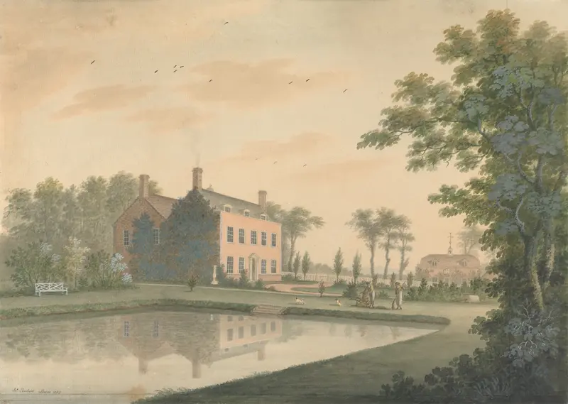Landscape with a house and gardeners at work, by James Lambert, 1787.