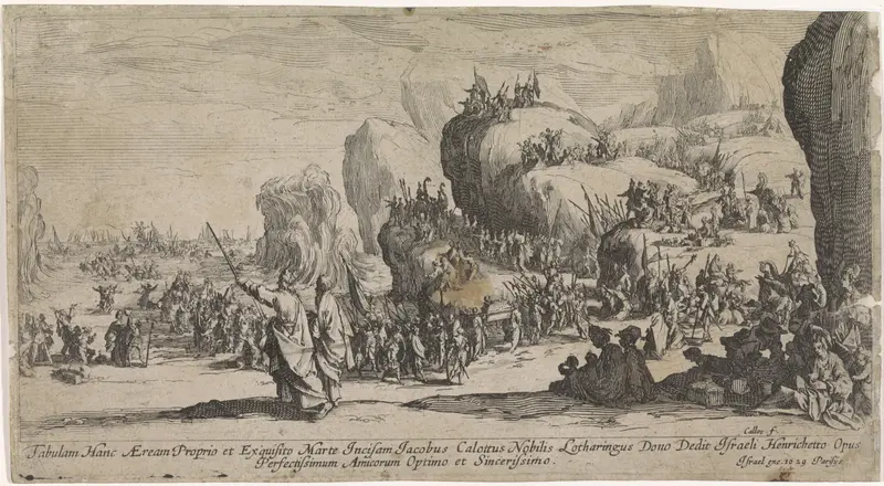 Etching by Jacques Callot depicting the Israelites crossing the Red Sea with dramatic light and shadow.