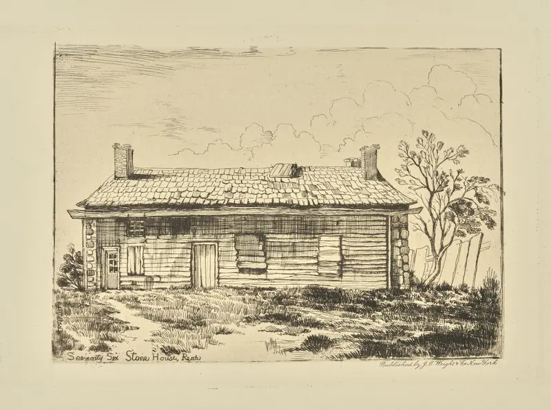 Seventy Six Stone House, rear by William Henry Wallace, oil on canvas depicting textured stone walls and light.
