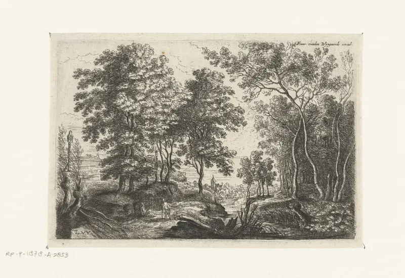 Landschap met een beek door een bos by Lucas van Uden, etching depicting a tranquil forest landscape with a brook.