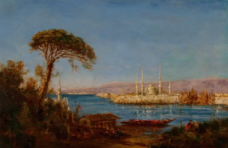 Oil on canvas by Félix Ziem depicting a mosque silhouette at sunset.