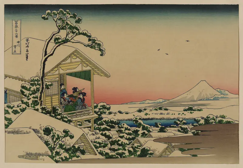 Woodblock print by Katsushika Hokusai depicting a teahouse in a snowy landscape