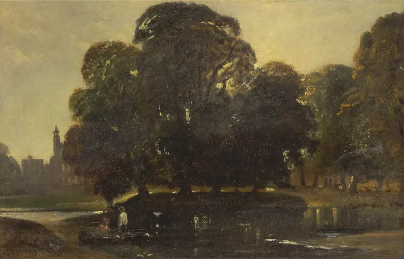 A View of Eton and the Fellows Eyot by William James Müller, oil painting depicting a river and trees.