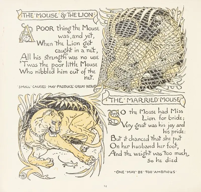 This painting depicts a mouse and a lion in a whimsical narrative.