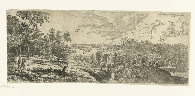 Landschap met mannen die stokken dragen, etching by Lucas van Uden, depicting men in a green landscape.