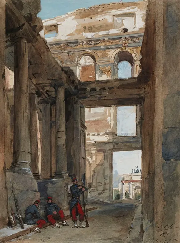 A painting depicting the ruins of the Tuileries after a historical event.