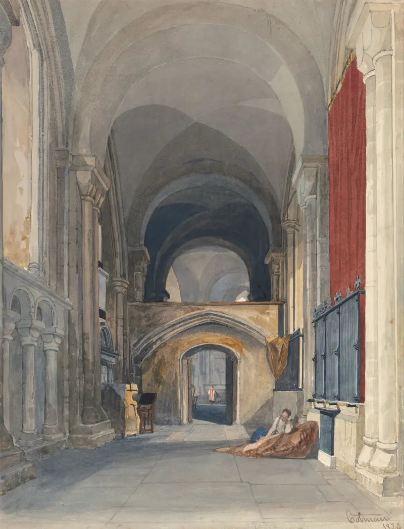 Interior of Norwich Cathedral with stained glass, watercolor by John Sell Cotman