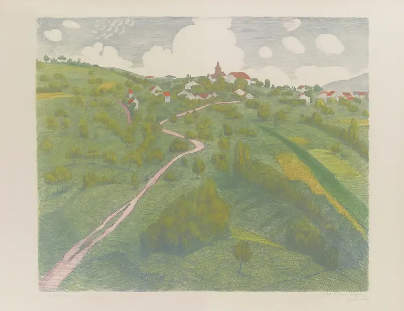Vue de Belmont, près de Lausanne by Théophile Alexandre Steinlen, oil painting depicting rolling hills and golden light.