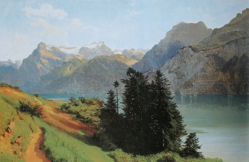 A serene landscape featuring a winding path, a shimmering lake, and towering cliffs under a pale sky.
