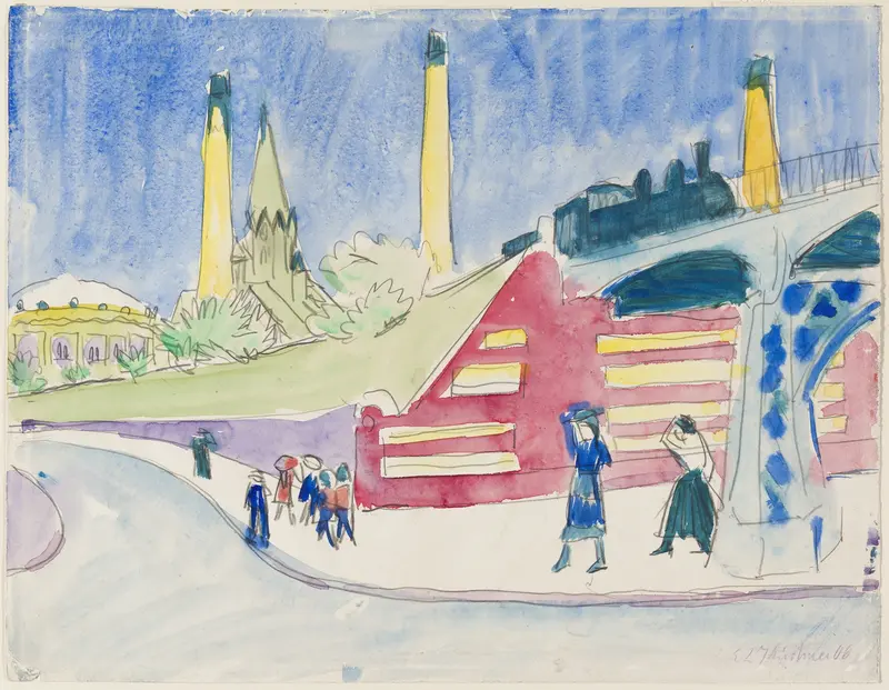 Oil painting by Ernst Ludwig Kirchner featuring dynamic figures and a vibrant landscape.