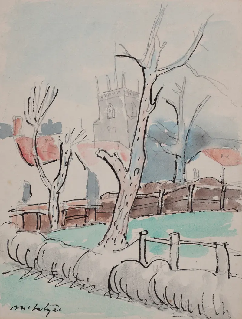 Landscape with trees and a church tower by Raymond McIntyre, medium unknown.