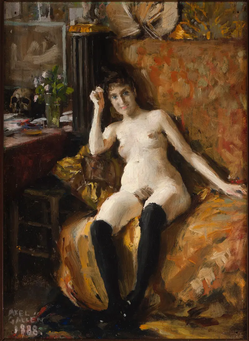 Akseli Gallen-Kallela's sketch features a model with a playful gaze, relaxed pose, and a cluttered studio background.