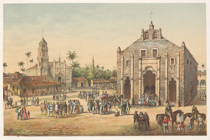 Engraving by Pierre Toussaint Frédéric Mialhe depicting a serene church landscape.