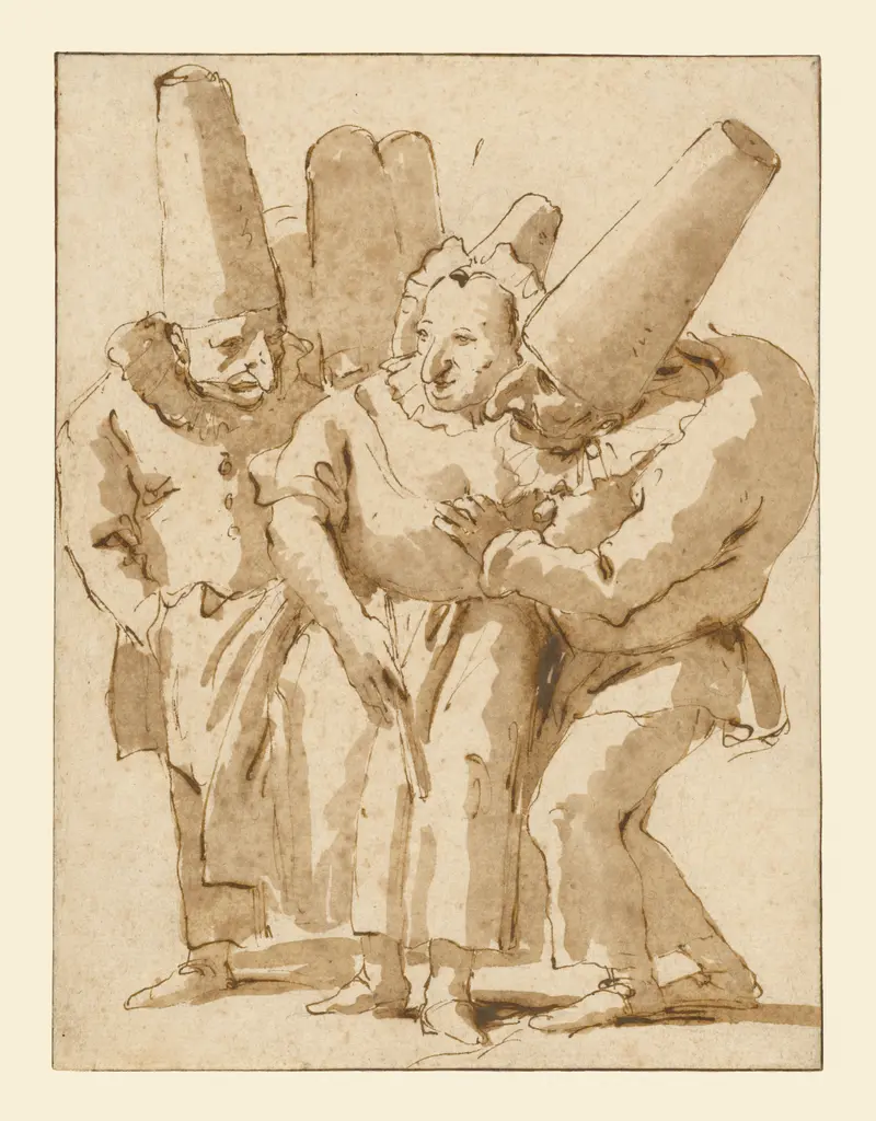 A vibrant Rococo painting depicting Punchinellos approaching a woman.