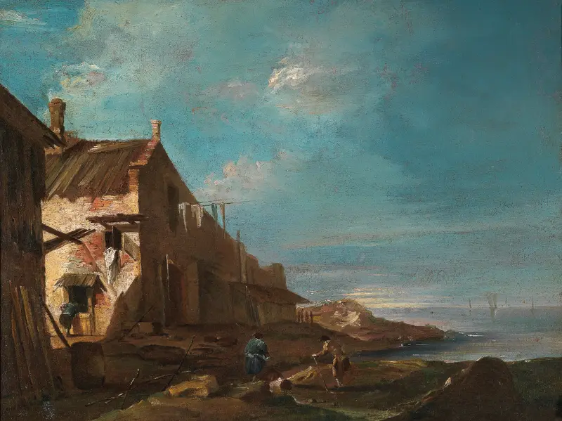 A Coastal Architectural Capriccio by Francesco Guardi, oil on canvas depicting coastal architecture and light.
