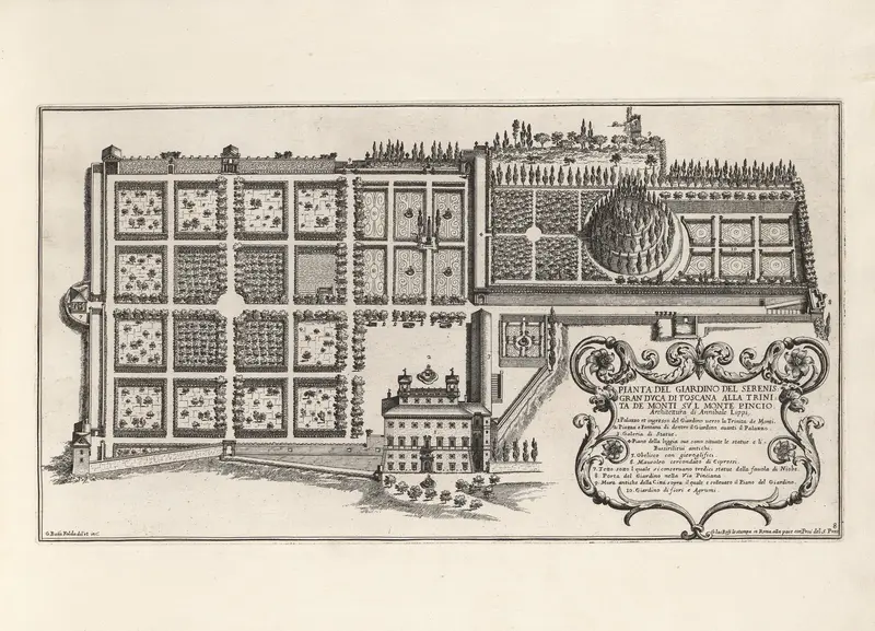 Botanical gardens with terraces by Giovanni Battista Falda, etching