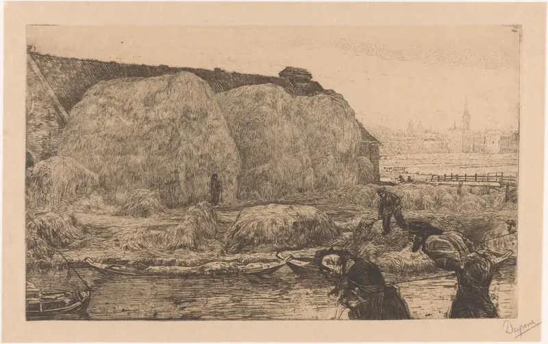 Landscape featuring a farmhouse and haystacks by Pieter Dupont, 1895