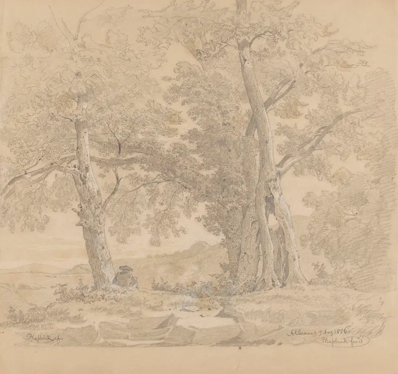 Draughtsman among trees by Lake Albano, 1856, Arthur Blaschnik, drawing