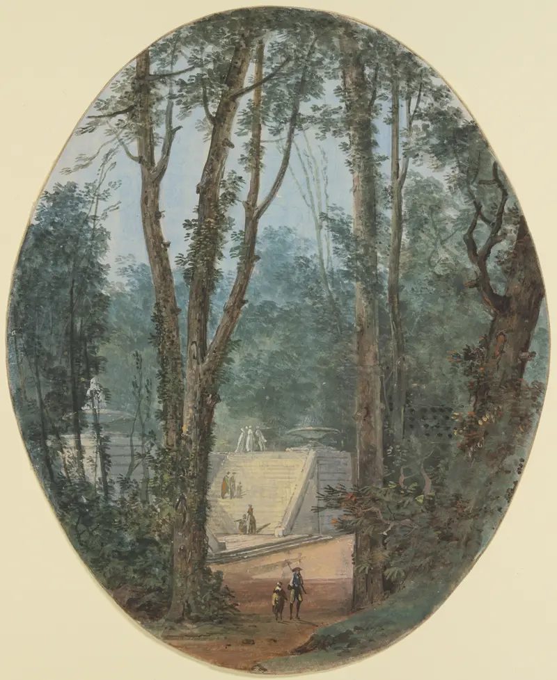 Parklandschaft mit hohen Bäumen und dem Blick auf einen Treppenanstieg im Mittelgrund, oil on canvas by Louis Gabriel Moreau