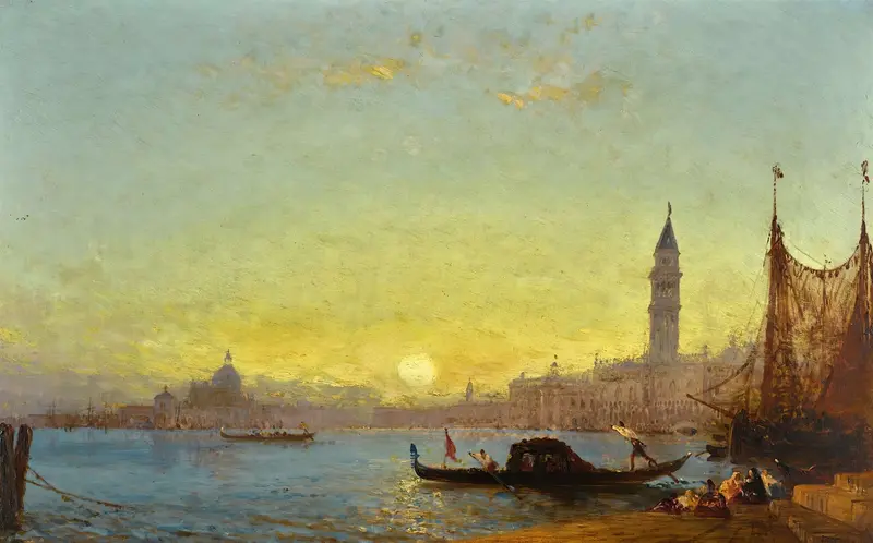 Coucher De Soleil À Venise by Félix Ziem, oil painting depicting a sunset over the Venetian lagoon.