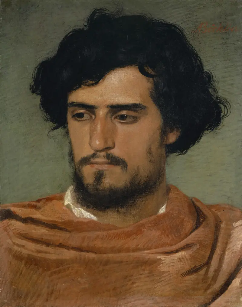 A brooding male figure with dark hair and a beard, draped in ochre-red fabric against a muted green background.