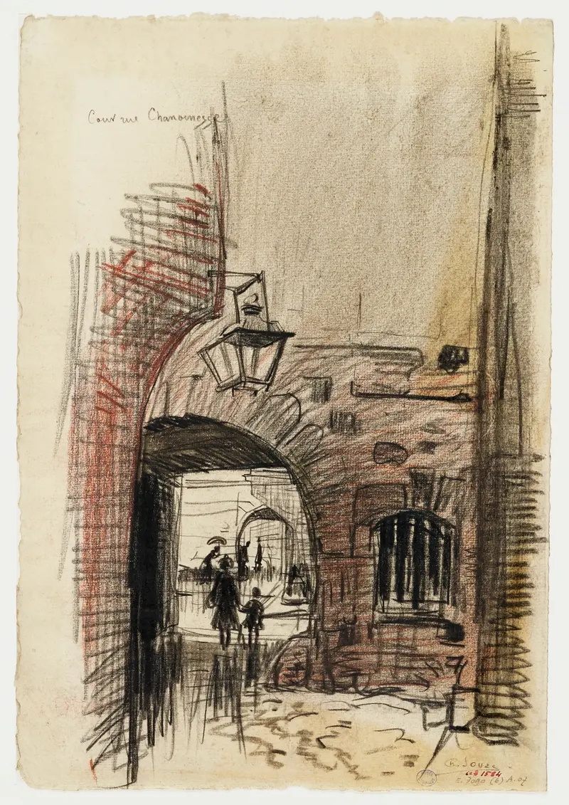 Cour et voûte rue Chanoinesse by Charles Jouas, watercolor on paper, depicting light through archways