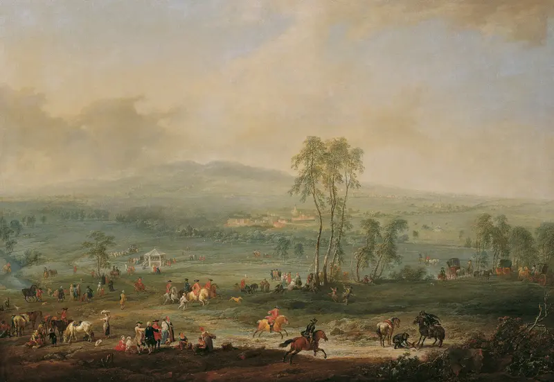 Landscape oil painting by Johann Christian Brand depicting hills and a village