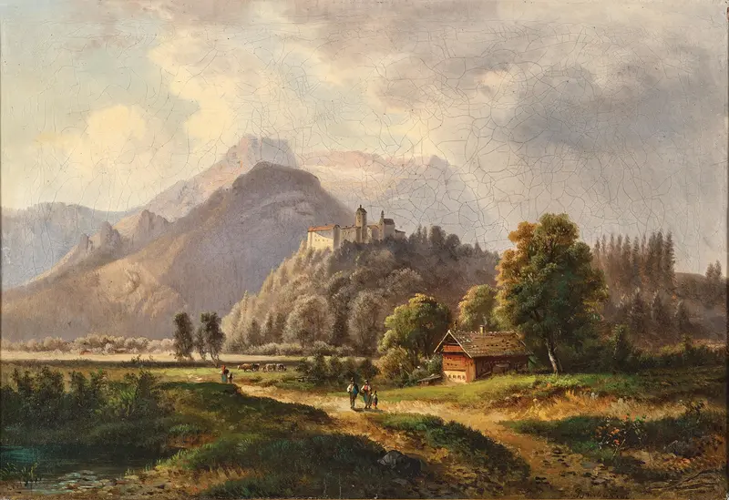 A view of Glanegg Castle ruins, oil on canvas by Gustav Barbarini