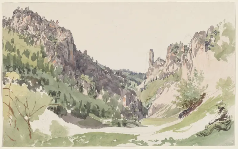 A seated man in contemplation overlooking a sunlit mountain valley, oil painting by Jakob Alt.