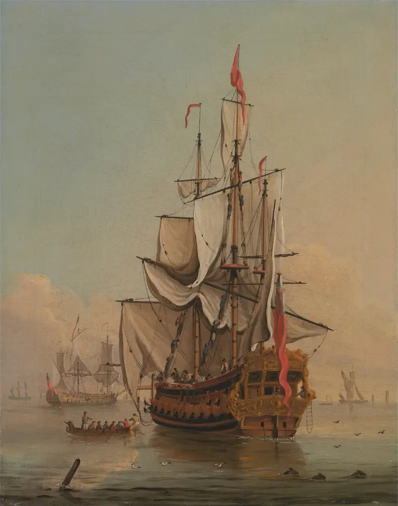 Shipping in a Calm by Peter Monamy, oil on canvas, depicting ships on a calm ocean